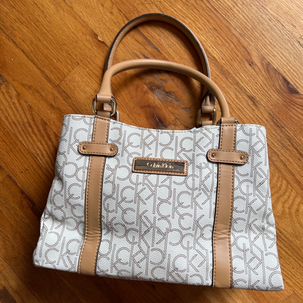 CALVIN KLEIN Cream & Tan Monogrammed HUDSON Logo Satchel Purse